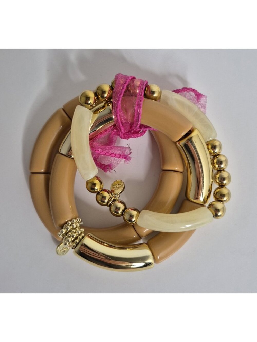 3 Piece Acrylic Tube And Round Goldtone Beaded Stretch Bracelet's Signed SP